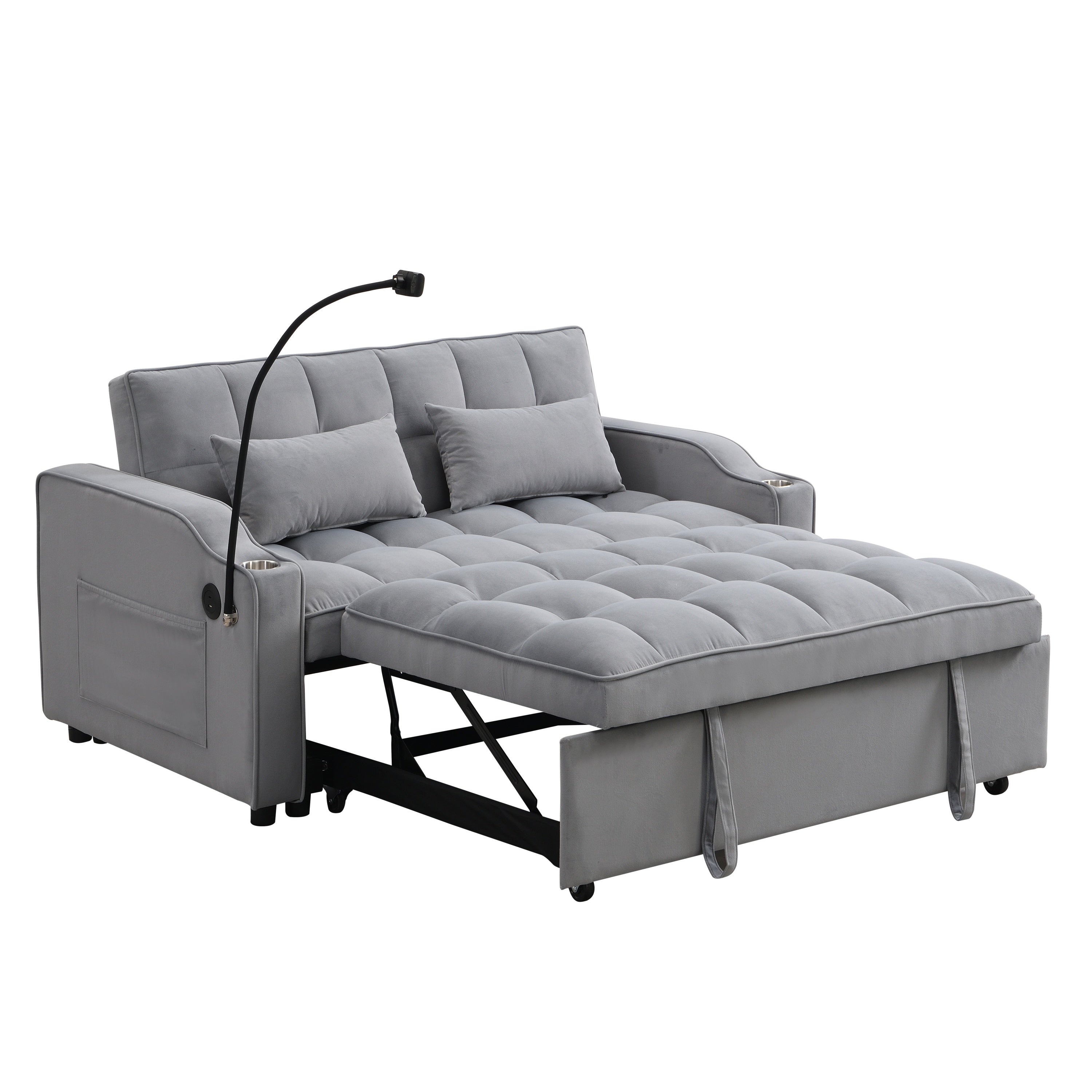 Modern Velvet Loveseat Futon Sofa Couch with Pullout Bed, Adjustable Backrest, Toss Pillows, Light Gray
