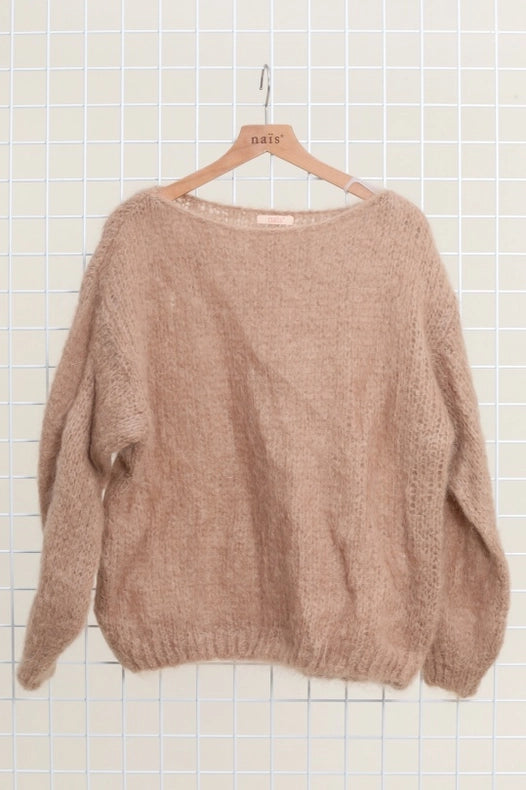 Mohair And Wool Boat Neck Sweater-Sweater-NAÏS PARIS-One size-Camel-Urbanheer