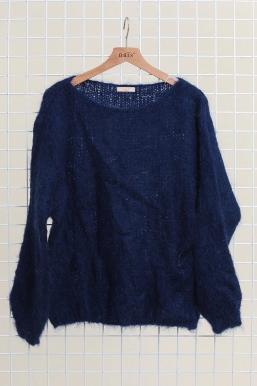 Mohair And Wool Boat Neck Sweater-Sweater-NAÏS PARIS-One size-Navy Blue-Urbanheer
