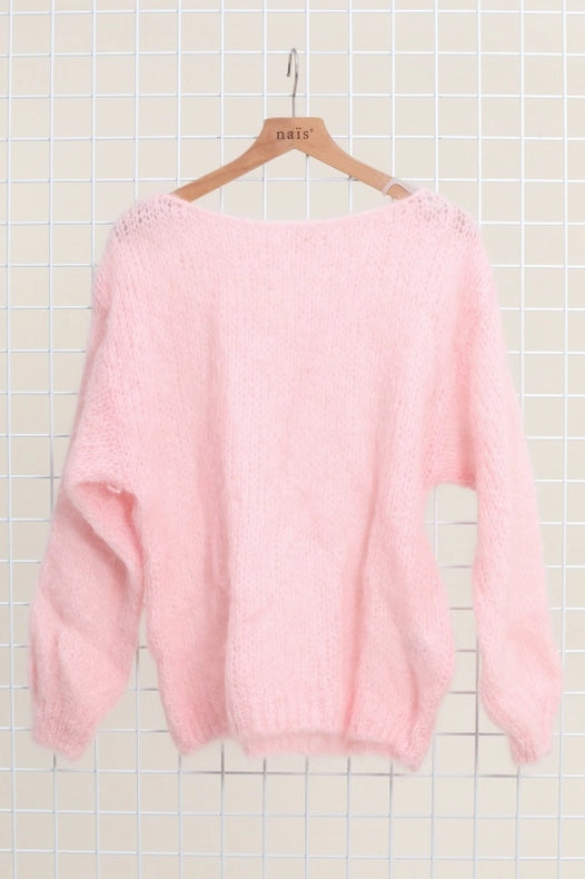 Mohair And Wool Boat Neck Sweater-Sweater-NAÏS PARIS-One size-Pink-Urbanheer