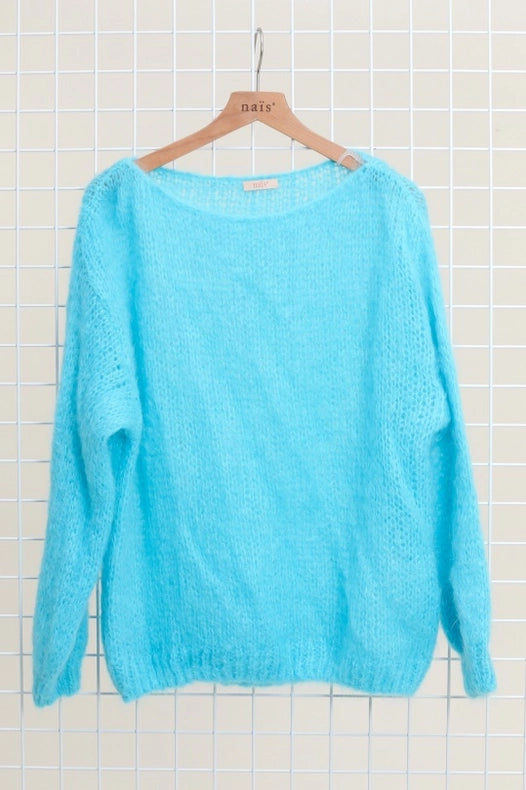 Mohair And Wool Boat Neck Sweater-Sweater-NAÏS PARIS-One size-Turquoise-Urbanheer