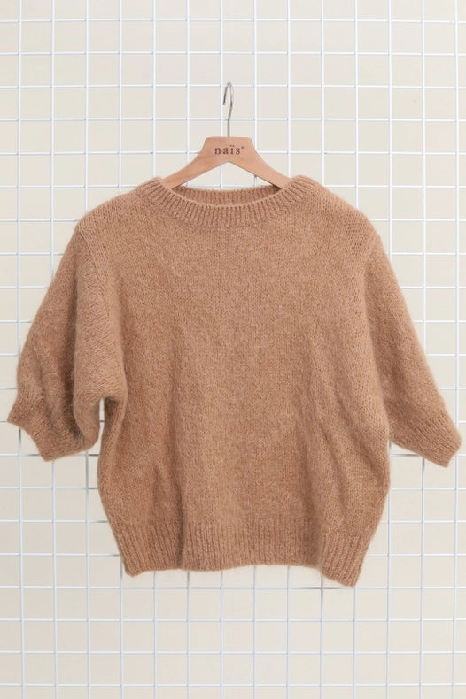Mohair And Wool Short Sleeve Crew Neck Sweater-Sweater-NAÏS PARIS-One size-Camel-Urbanheer