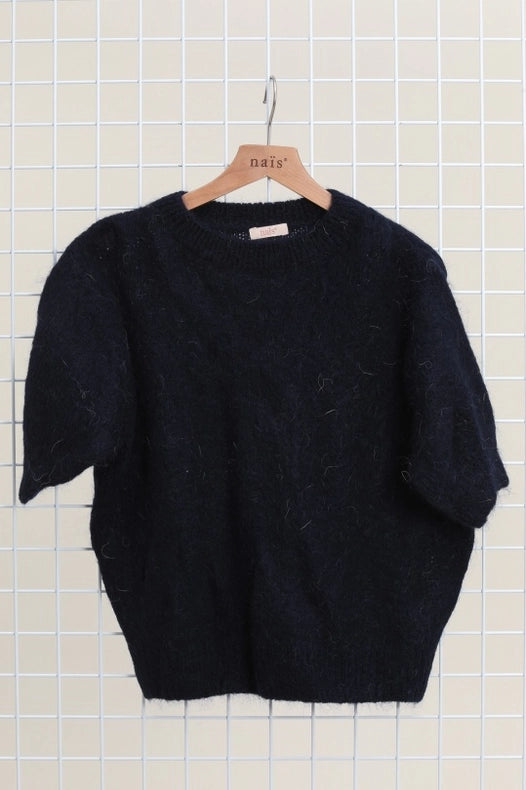 Mohair And Wool Short Sleeve Crew Neck Sweater-Sweater-NAÏS PARIS-One size-Navy-Urbanheer