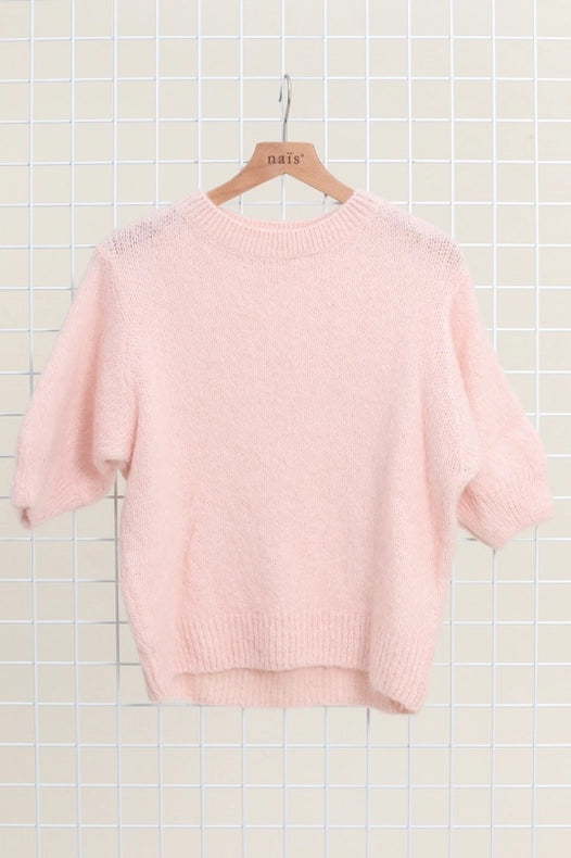 Mohair And Wool Short Sleeve Crew Neck Sweater-Sweater-NAÏS PARIS-One size-Pink-Urbanheer