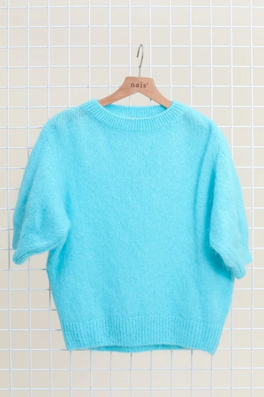 Mohair And Wool Short Sleeve Crew Neck Sweater-Sweater-NAÏS PARIS-One size-Turquoise-Urbanheer