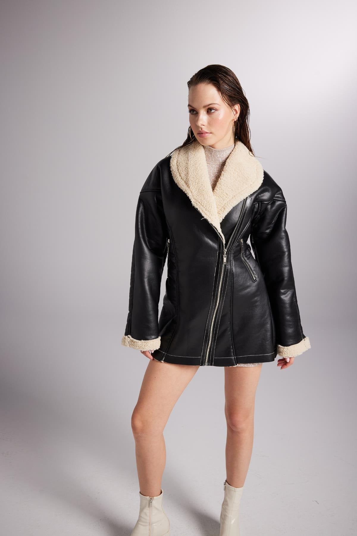 Monero Black Vegan Faux Leather Coat with Fur Lining-Faux Leather Coats-Buy Me Fur Ltd-Black-XS-Polyester-Urbanheer