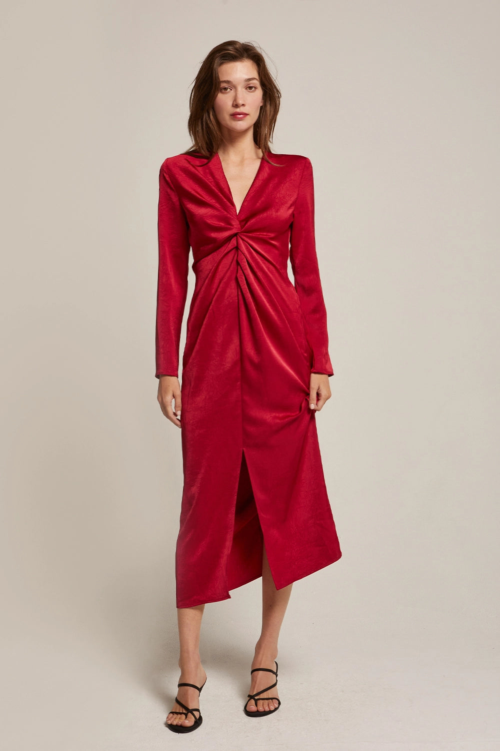 Monique Textured Satin Front Twist Midi Dress