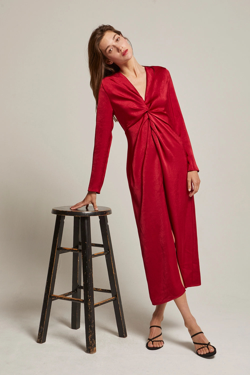 Monique Textured Satin Front Twist Midi Dress