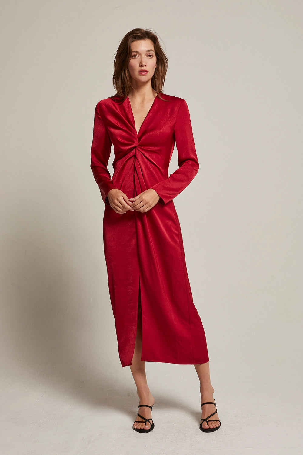 Monique Textured Satin Front Twist Midi Dress