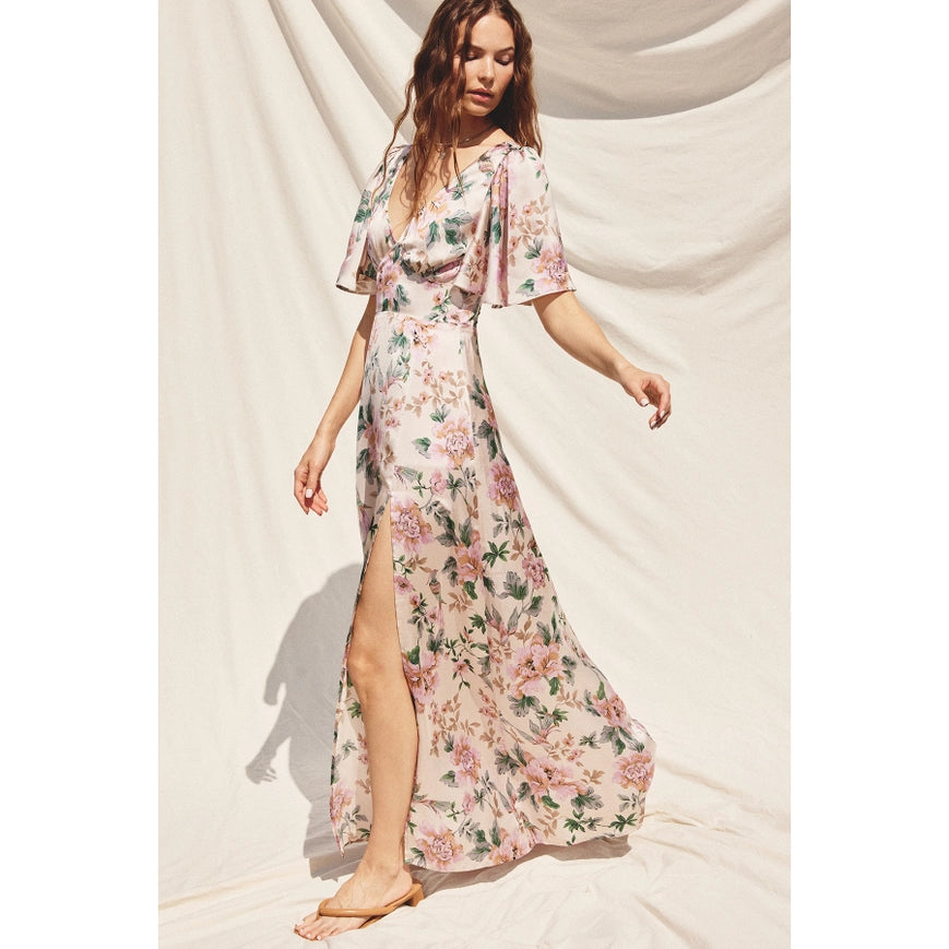 Morning Meadow Flutter Sleeve Plunging Maxi Dress-Dress-Dress Forum-S-ECRU/PINK-Urbanheer