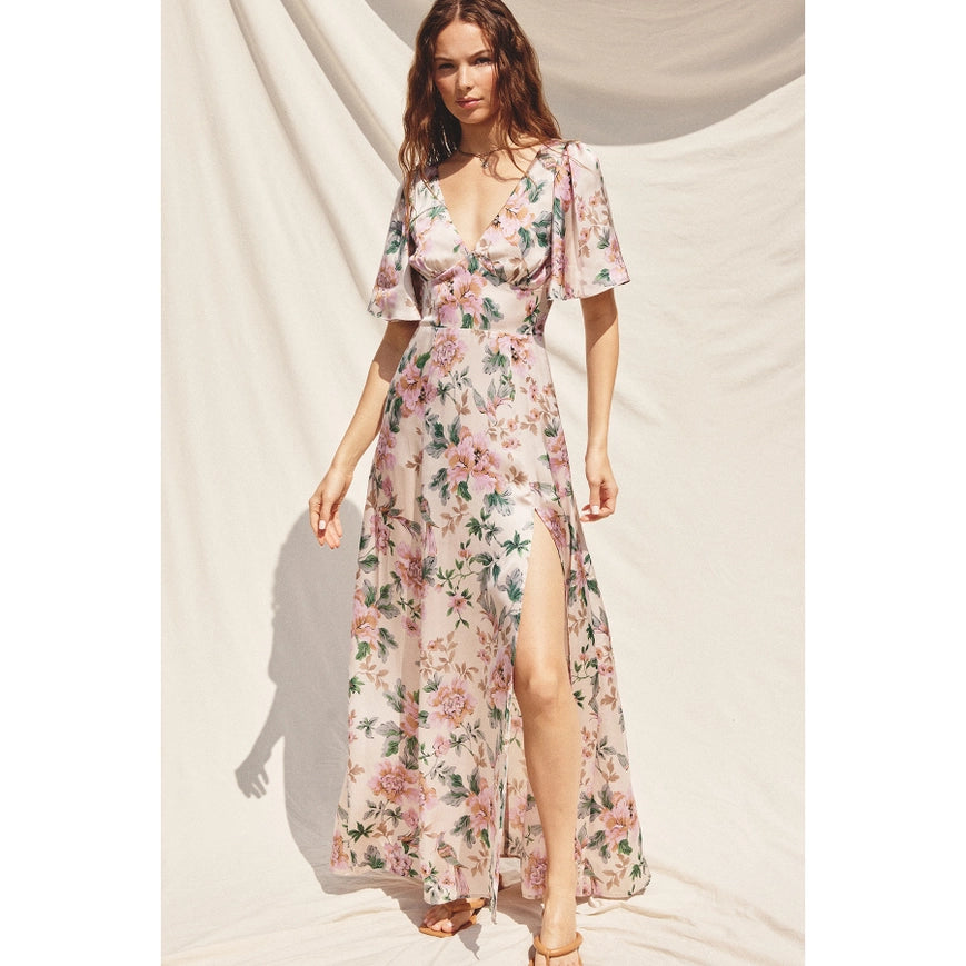 Morning Meadow Flutter Sleeve Plunging Maxi Dress-Dress-Dress Forum-S-ECRU/PINK-Urbanheer