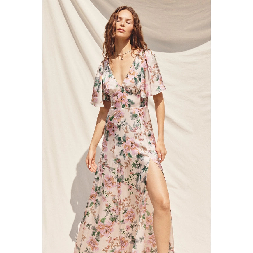 Morning Meadow Flutter Sleeve Plunging Maxi Dress-Dress-Dress Forum-S-ECRU/PINK-Urbanheer