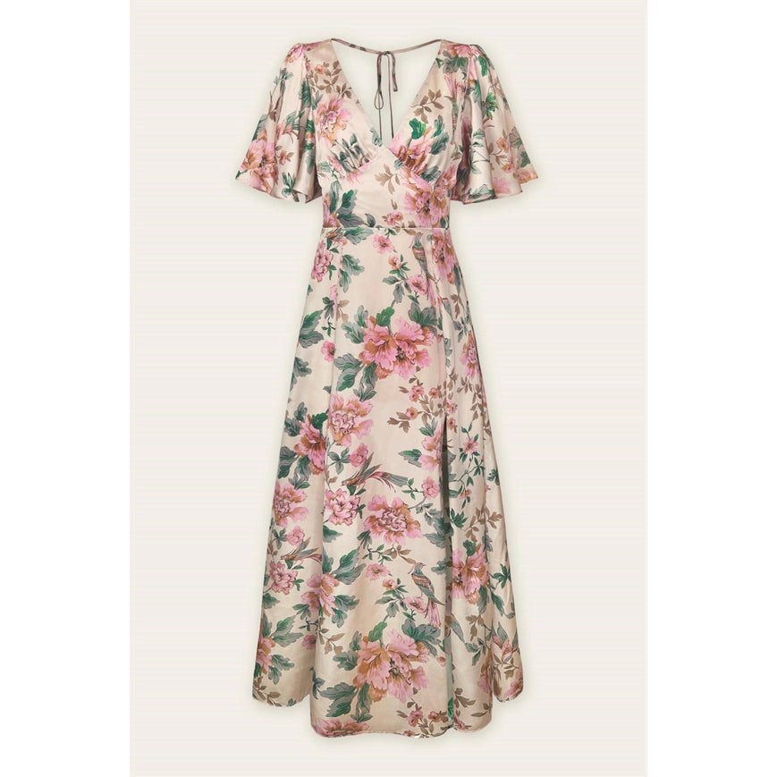 Morning Meadow Flutter Sleeve Plunging Maxi Dress-Dress-Dress Forum-S-ECRU/PINK-Urbanheer