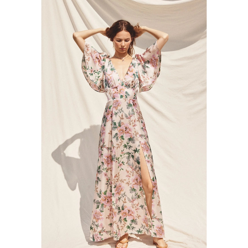 Morning Meadow Flutter Sleeve Plunging Maxi Dress-Dress-Dress Forum-S-ECRU/PINK-Urbanheer