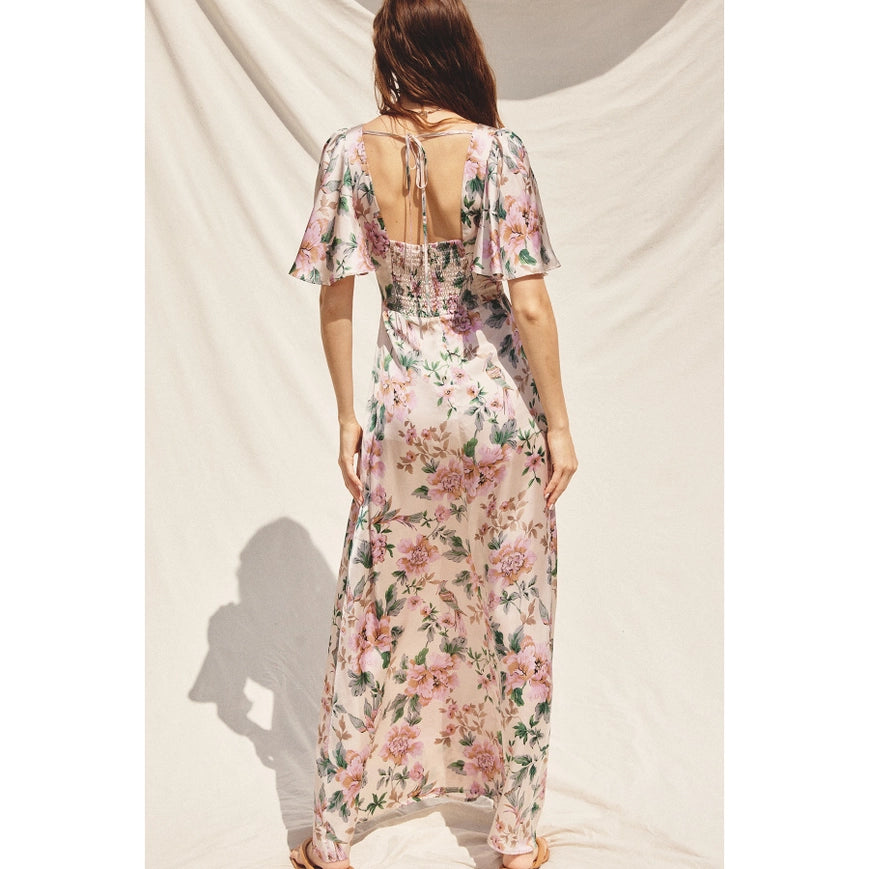 Morning Meadow Flutter Sleeve Plunging Maxi Dress-Dress-Dress Forum-S-ECRU/PINK-Urbanheer