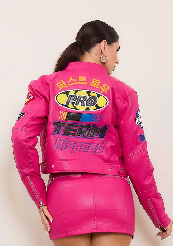 Motor Racing Leather Jacket Pink-Jacket-Vibrant M.i.U-S-Urbanheer