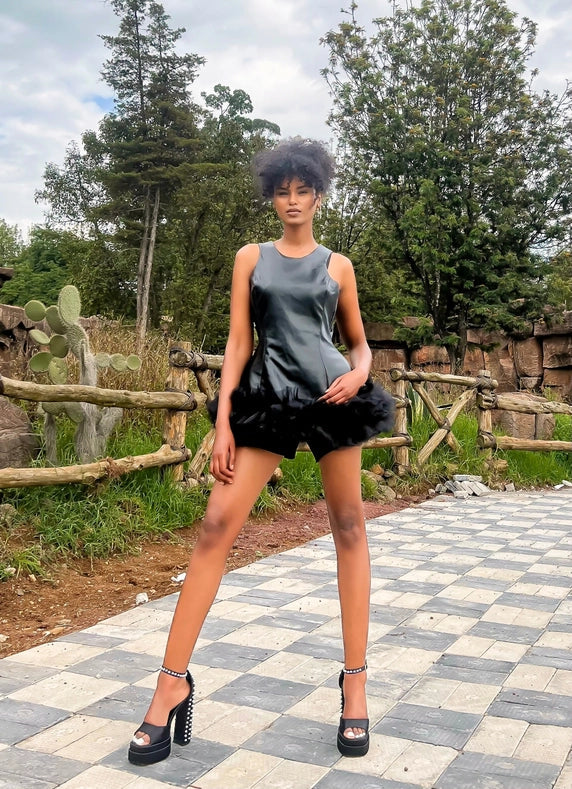 Ms Mini Leather and Tulle Ruffle Dress-Dress-Eloli-XS-Urbanheer