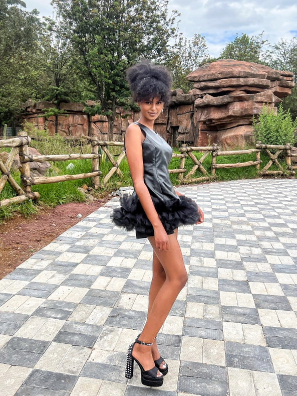 Ms Mini Leather and Tulle Ruffle Dress-Dress-Eloli-XS-Urbanheer
