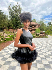 Ms Mini Leather and Tulle Ruffle Dress-Dress-Eloli-XS-Urbanheer