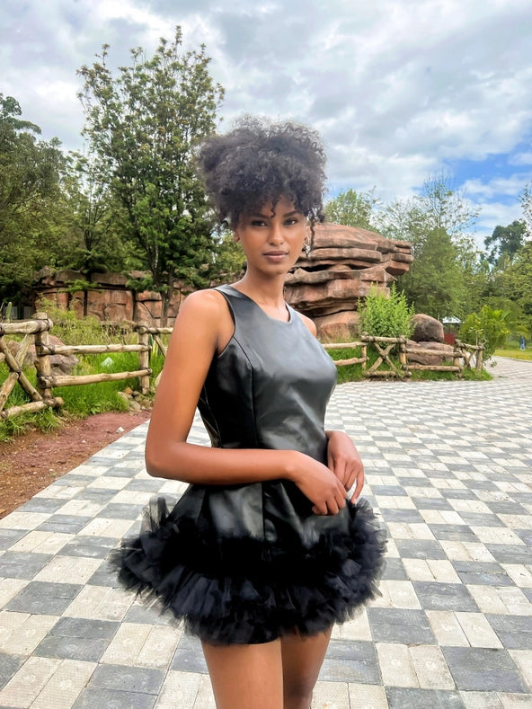 Ms Mini Leather and Tulle Ruffle Dress-Dress-Eloli-XS-Urbanheer