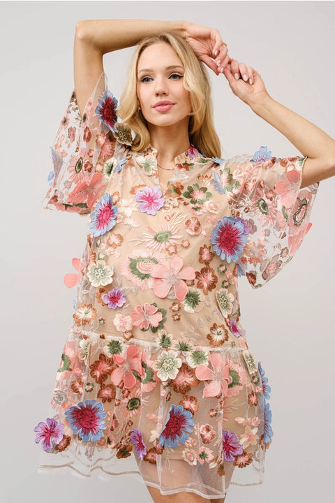 Multi 3D Floral Peplum Puff Sleeve Mini Dress-Dress-Blue B-S-MULTI-Urbanheer