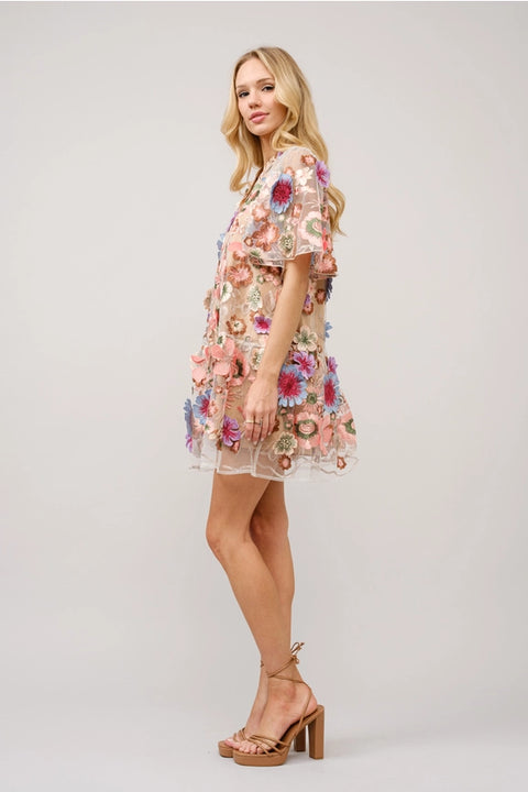 Multi 3D Floral Peplum Puff Sleeve Mini Dress-Dress-Blue B-S-MULTI-Urbanheer