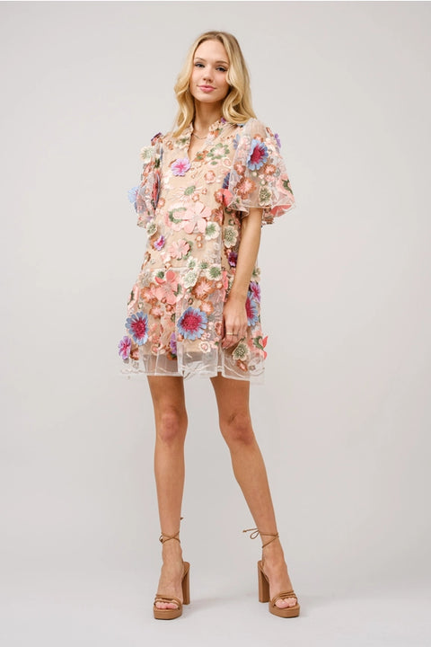 Multi 3D Floral Peplum Puff Sleeve Mini Dress-Dress-Blue B-S-MULTI-Urbanheer