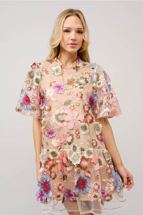 Multi 3D Floral Peplum Puff Sleeve Mini Dress-Dress-Blue B-S-MULTI-Urbanheer