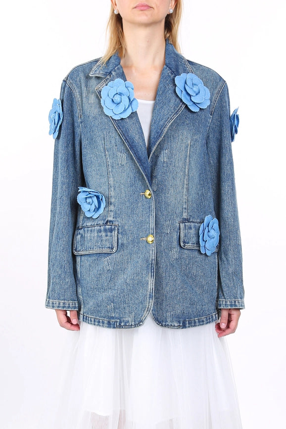 Multi Floral Corsage Single Breasted Denim Jacket-Jacket-Beulah Style-S/M-Denim-Urbanheer