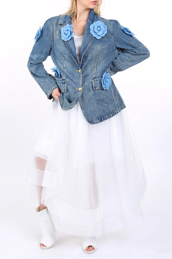 Multi Floral Corsage Single Breasted Denim Jacket-Jacket-Beulah Style-S/M-Denim-Urbanheer