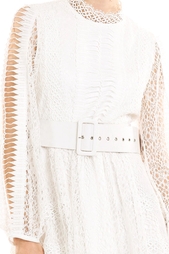 Multi Hollow Out Lace Net Belted Midi Dress-Dress-Beulah Style-S-White-Urbanheer