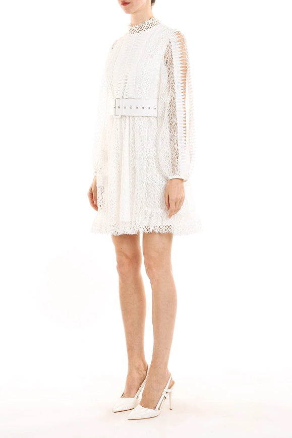 Multi Hollow Out Lace Net Belted Midi Dress-Dress-Beulah Style-S-White-Urbanheer