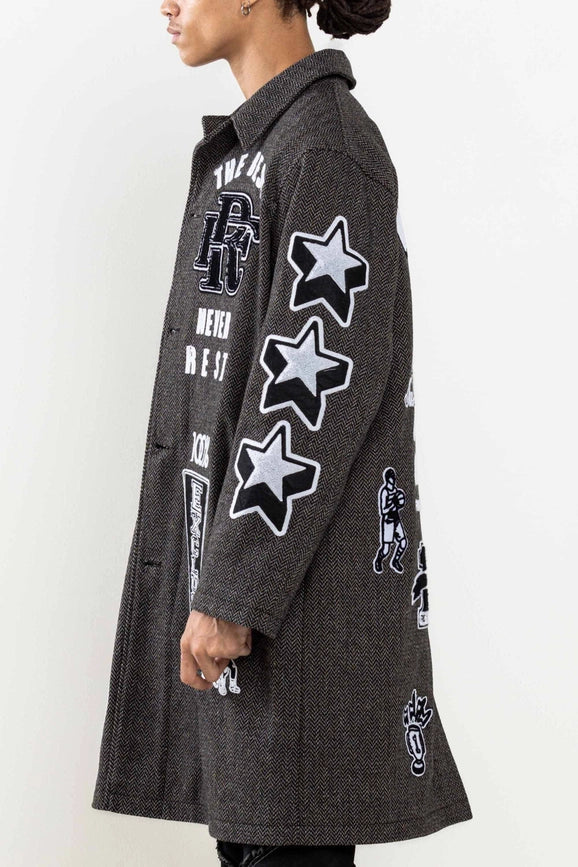 Multi Patches Wool Herringbone Long Jacket-Jacket-First Row-L-Charcoal-Urbanheer