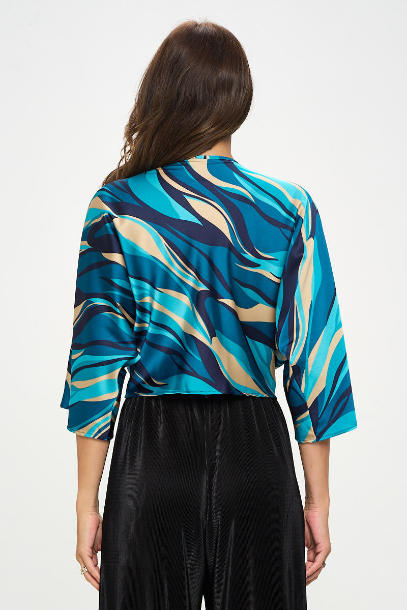 Multi Print Satin Mid Sleeve Top with Front Twist-New Arrival-Reneecollection-Small-TEAL-Urbanheer