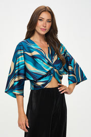Multi Print Satin Mid Sleeve Top with Front Twist-New Arrival-Reneecollection-Small-TEAL-Urbanheer