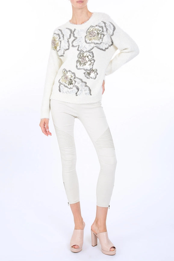 Multi Sequined Floral Pattern Knit Sweater-Sweater-Beulah Style-S/M-Gold-Urbanheer