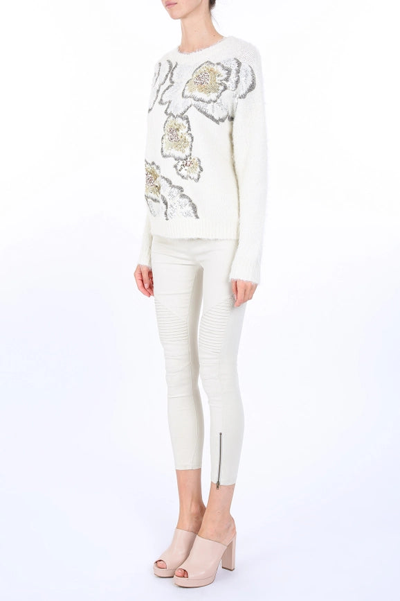 Multi Sequined Floral Pattern Knit Sweater-Sweater-Beulah Style-S/M-Gold-Urbanheer