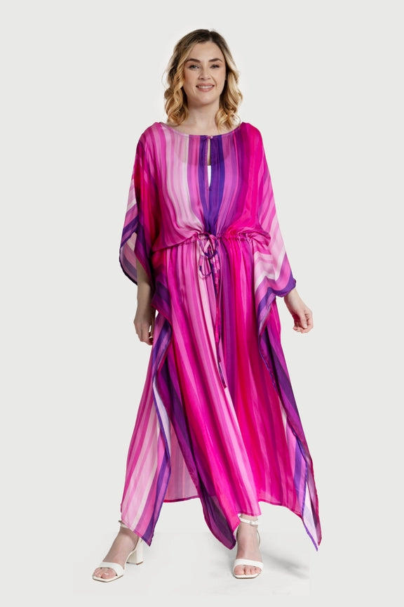 Multicolor Kaftan Striped Tie Waist-Kaftan-SAACHI-Pink-Urbanheer