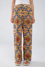 Multicolor Pants with Flower Print in Orange and Blue-Pants-Q2-S-Yellow-Urbanheer