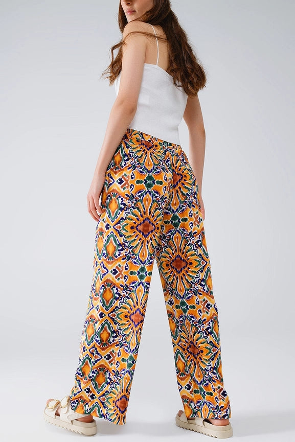 Multicolor Pants with Flower Print in Orange and Blue-Pants-Q2-S-Yellow-Urbanheer
