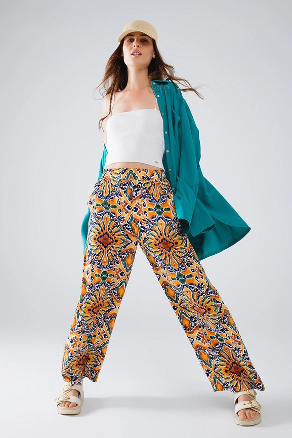 Multicolor Pants with Flower Print in Orange and Blue-Pants-Q2-S-Yellow-Urbanheer