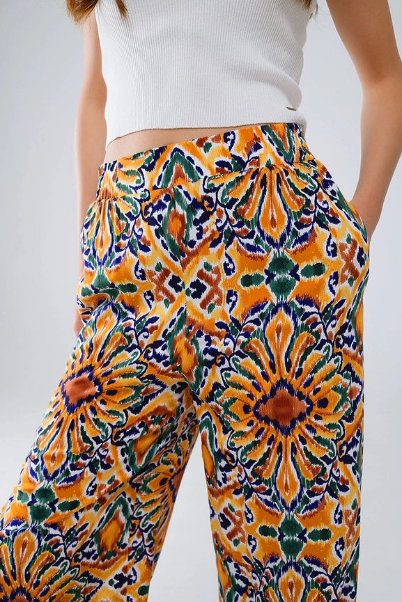 Multicolor Pants with Flower Print in Orange and Blue-Pants-Q2-S-Yellow-Urbanheer