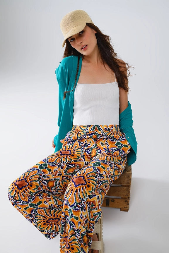 Multicolor Pants with Flower Print in Orange and Blue-Pants-Q2-S-Yellow-Urbanheer