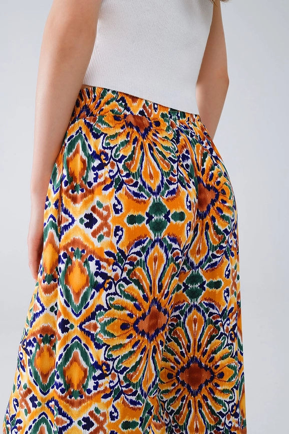 Multicolor Pants with Flower Print in Orange and Blue-Pants-Q2-S-Yellow-Urbanheer