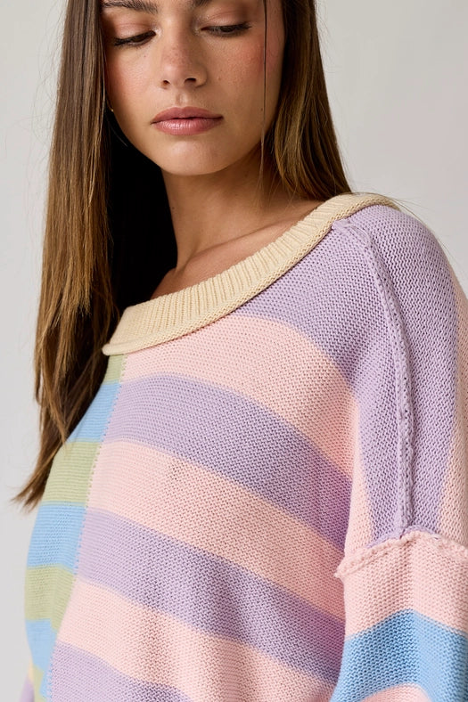 Multicolor Striped Knit Pullover-Pullover-Papermoon-S-Pink/Blue Multi-Urbanheer