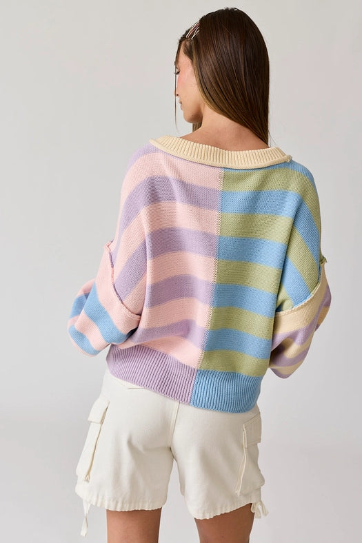 Multicolor Striped Knit Pullover-Pullover-Papermoon-S-Pink/Blue Multi-Urbanheer