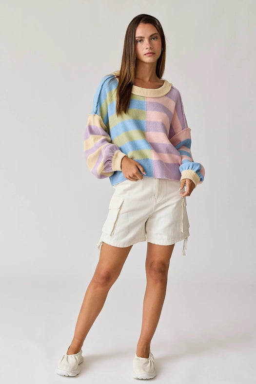 Multicolor Striped Knit Pullover-Pullover-Papermoon-S-Pink/Blue Multi-Urbanheer