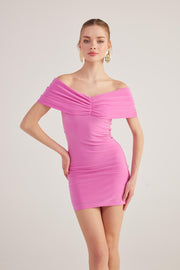 Muse Pink Bardot Neck Mini Dress-Bodycon Dresses-Buy Me Fur Ltd-Pink-XS-Polyester - Elastane Blend-Urbanheer