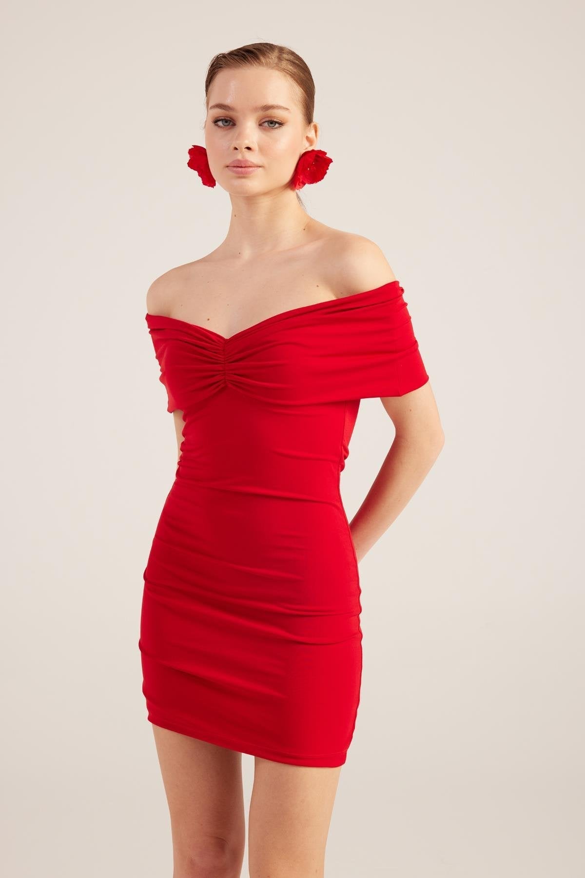 Muse Red Bardot Neck Mini Dress-Bodycon Dresses-Buy Me Fur Ltd-Red-XS-Polyester - Elastane Blend-Urbanheer