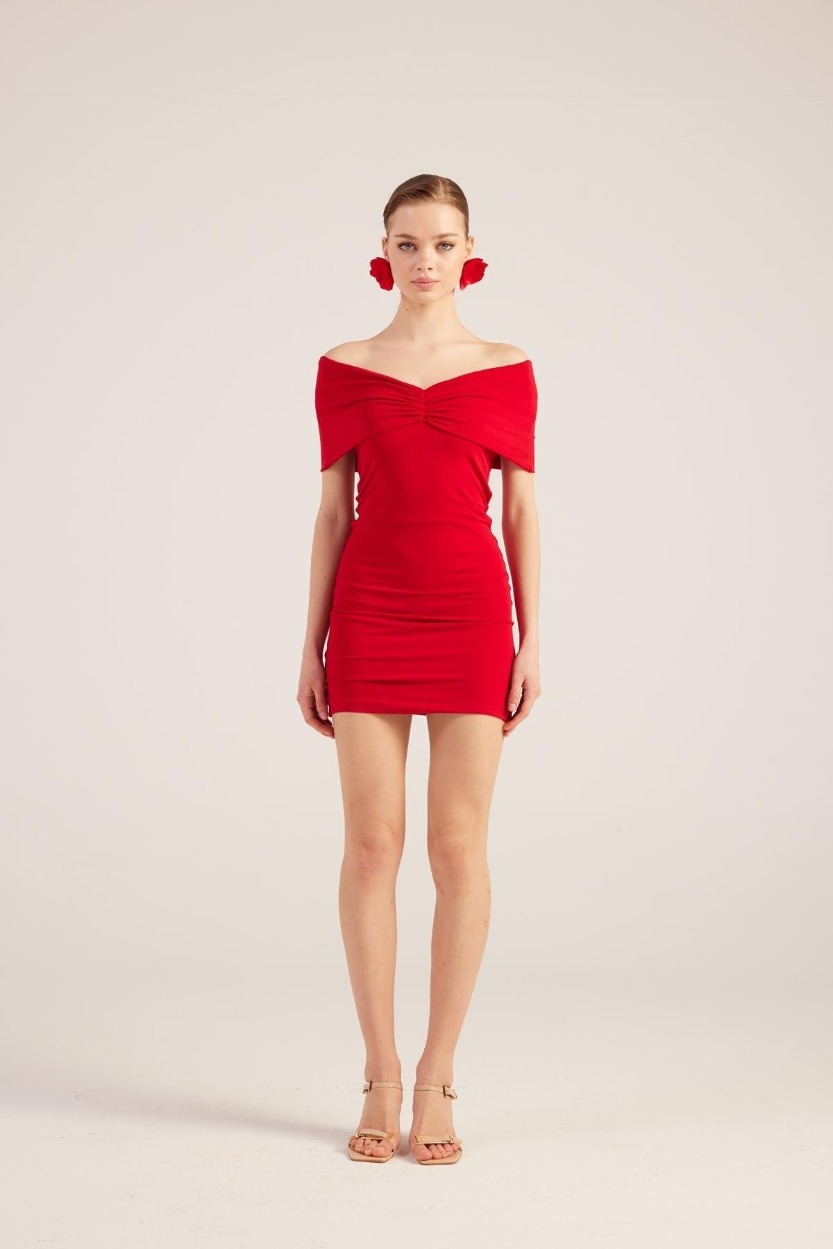 Muse Red Bardot Neck Mini Dress-Bodycon Dresses-Buy Me Fur Ltd-Red-XS-Polyester - Elastane Blend-Urbanheer